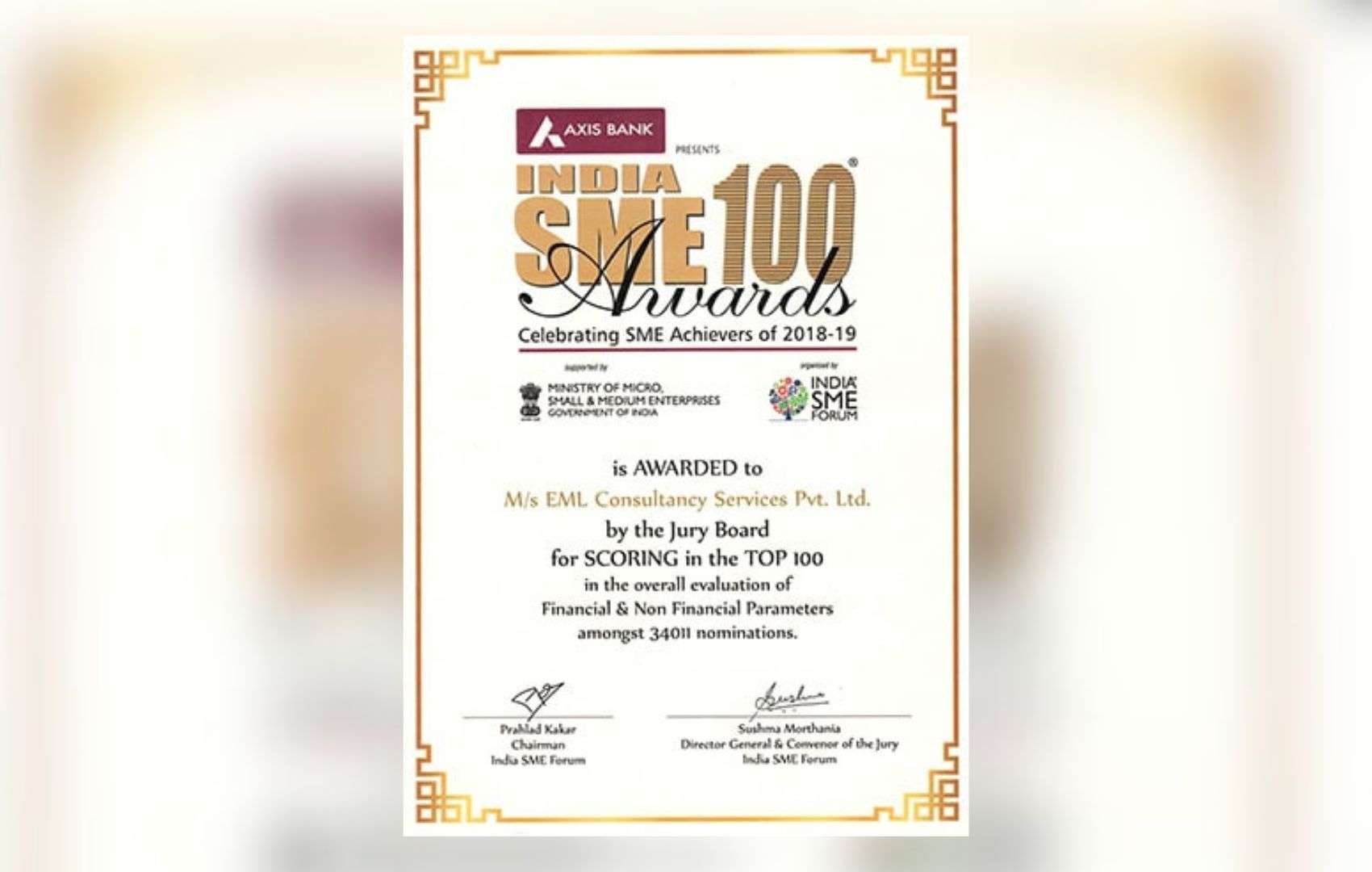 honored as a Top 100 recipient at the “India SME 100 Awards” for its outstanding provision