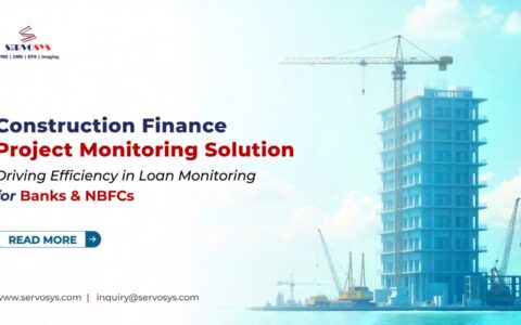 Active construction site symbolizing real-time project monitoring in finance, ServoCFPM software dashboard showing automated loan monitoring, Seamless integration of CFPM with LOS/LMS Systems