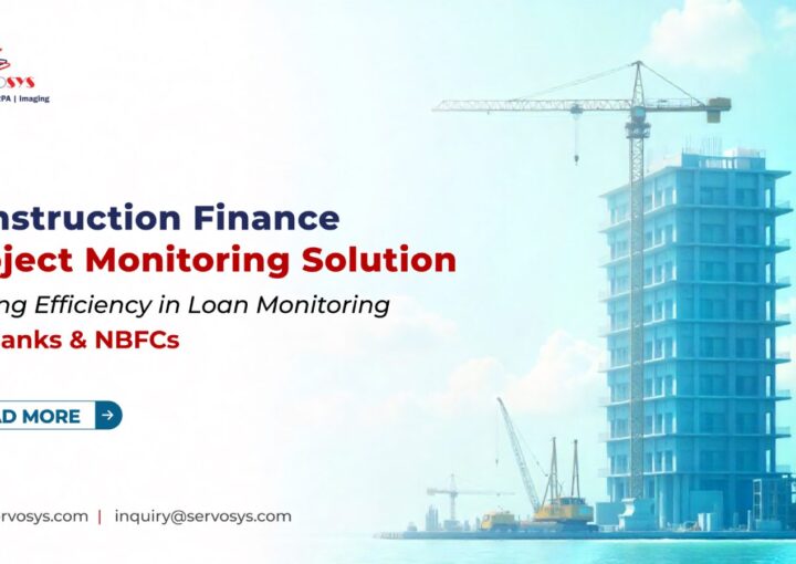 Active construction site symbolizing real-time project monitoring in finance, ServoCFPM software dashboard showing automated loan monitoring, Seamless integration of CFPM with LOS/LMS Systems