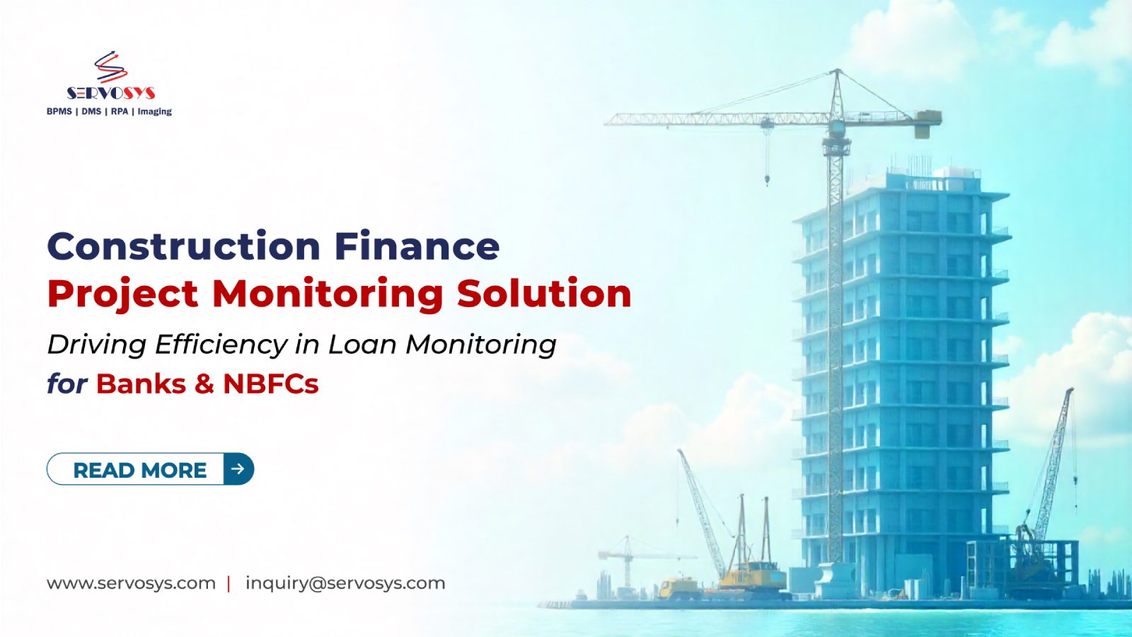 Active construction site symbolizing real-time project monitoring in finance, ServoCFPM software dashboard showing automated loan monitoring, Seamless integration of CFPM with LOS/LMS Systems
